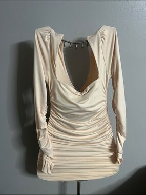 Oh Polly | Dresses | Embellished Long Sleeve Mini Dress In Sand | Poshmark